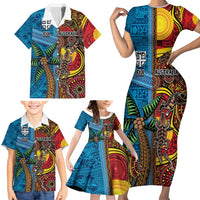 Personalised Australia and Fiji Together Family Matching Short Sleeve Bodycon Dress and Hawaiian Shirt Tribal Palm Tree with Tapa and Aboriginal Animals Half Style LT03 - Polynesian Pride