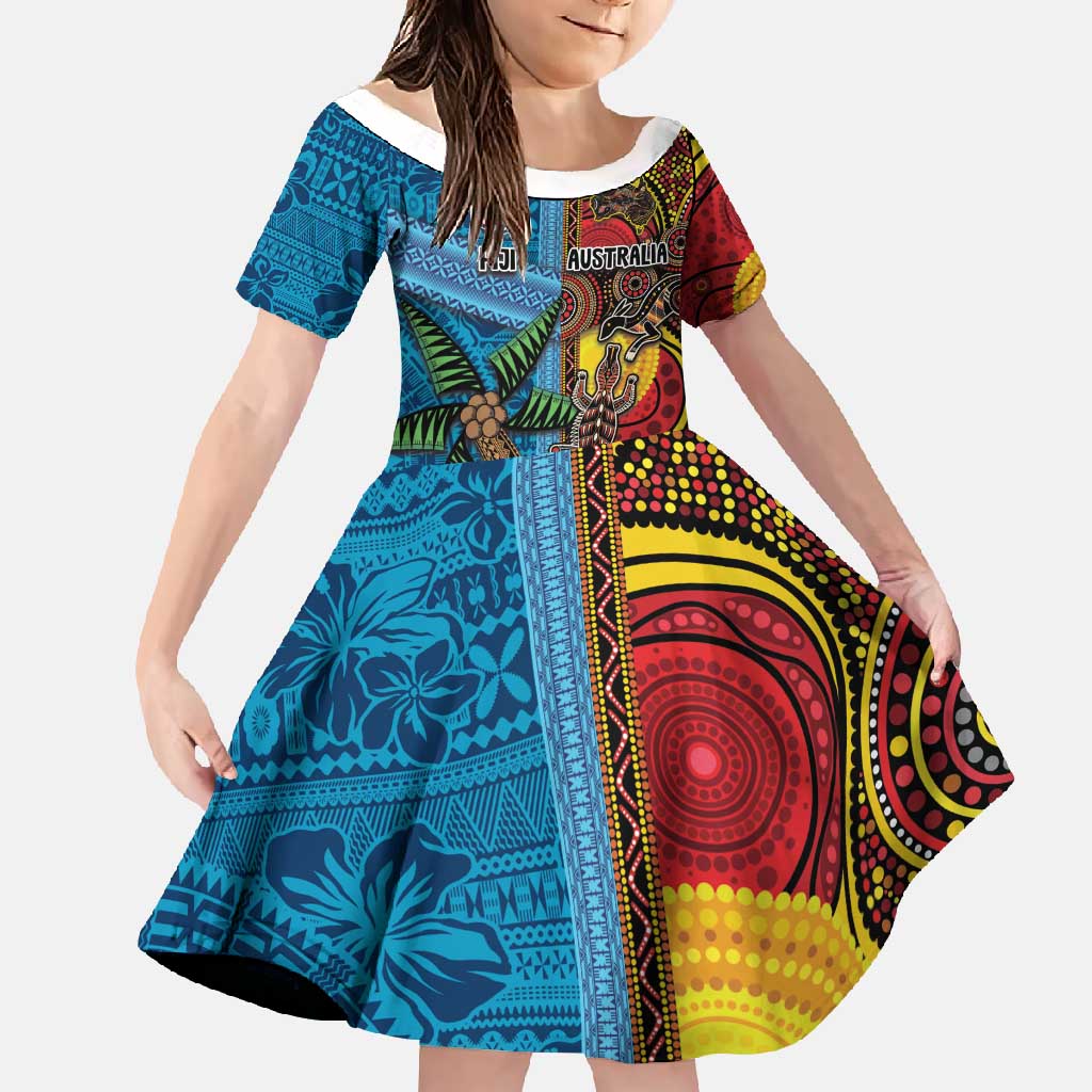 Personalised Australia and Fiji Together Family Matching Summer Maxi Dress and Hawaiian Shirt Tribal Palm Tree with Tapa and Aboriginal Animals Half Style LT03 Daughter's Dress Blue - Polynesian Pride