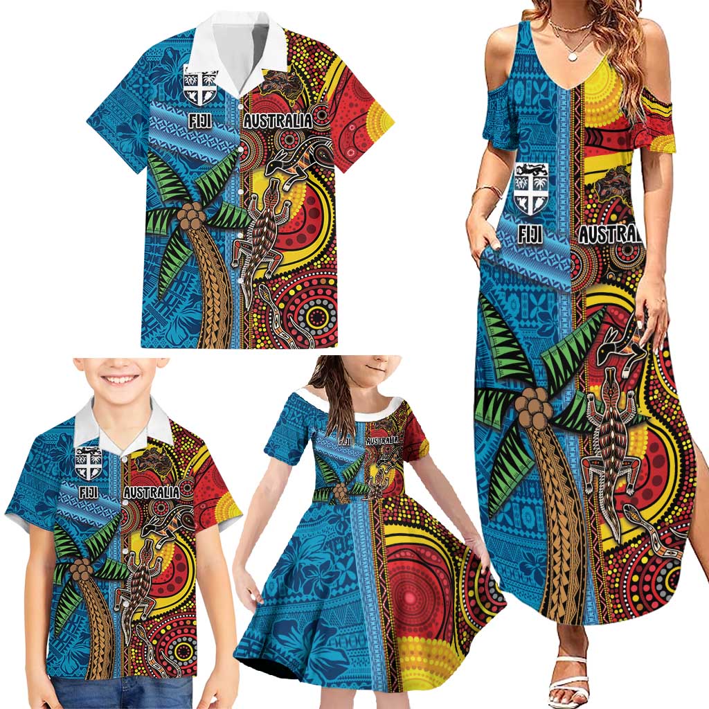 Personalised Australia and Fiji Together Family Matching Summer Maxi Dress and Hawaiian Shirt Tribal Palm Tree with Tapa and Aboriginal Animals Half Style LT03 - Polynesian Pride