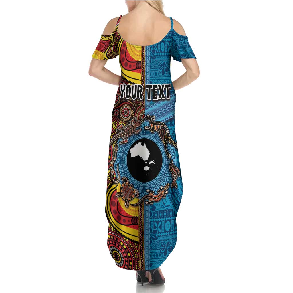 Personalised Australia and Fiji Together Family Matching Summer Maxi Dress and Hawaiian Shirt Tribal Palm Tree with Tapa and Aboriginal Animals Half Style LT03 - Polynesian Pride