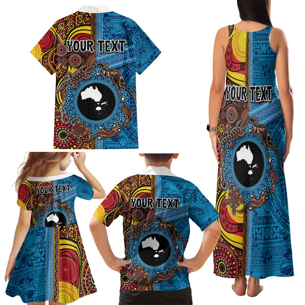 Personalised Australia and Fiji Together Family Matching Tank Maxi Dress and Hawaiian Shirt Tribal Palm Tree with Tapa and Aboriginal Animals Half Style LT03 - Polynesian Pride