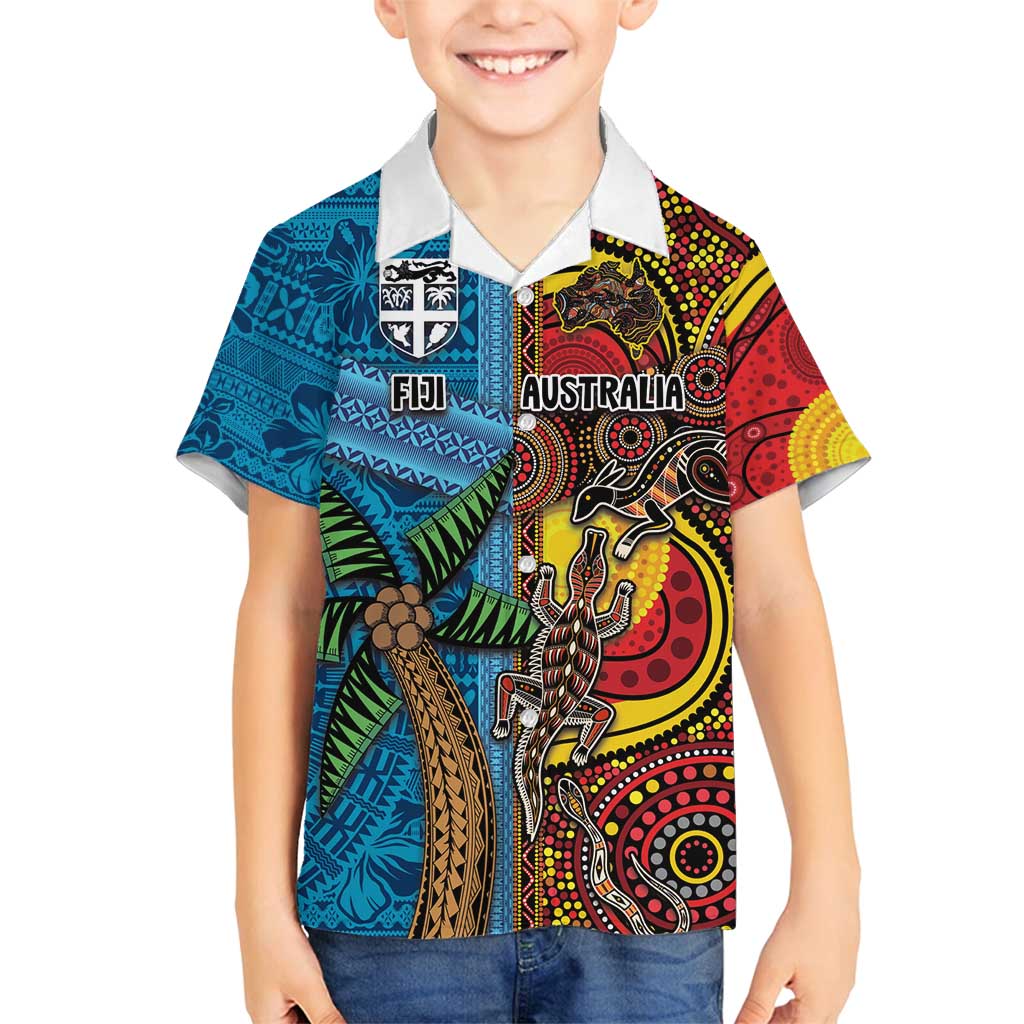 Personalised Australia and Fiji Together Family Matching Tank Maxi Dress and Hawaiian Shirt Tribal Palm Tree with Tapa and Aboriginal Animals Half Style LT03 Son's Shirt Blue - Polynesian Pride