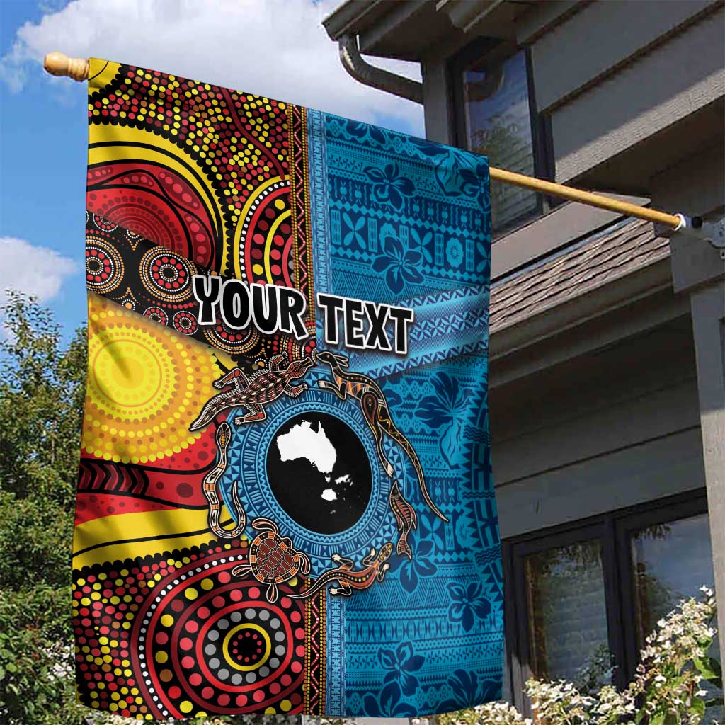 Personalised Australia and Fiji Together Garden Flag Tribal Palm Tree with Tapa and Aboriginal Animals Half Style LT03 - Polynesian Pride