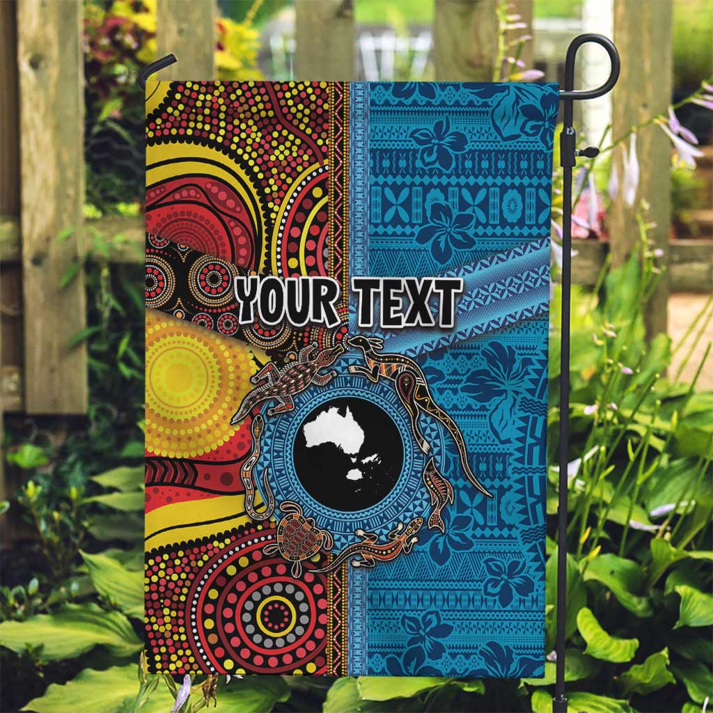 Personalised Australia and Fiji Together Garden Flag Tribal Palm Tree with Tapa and Aboriginal Animals Half Style LT03 Garden Flag Blue - Polynesian Pride