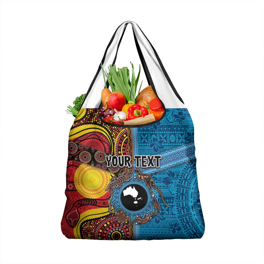 Personalised Australia and Fiji Together Grocery Bag Tribal Palm Tree with Tapa and Aboriginal Animals Half Style LT03 1-pack One Size Blue - Polynesian Pride
