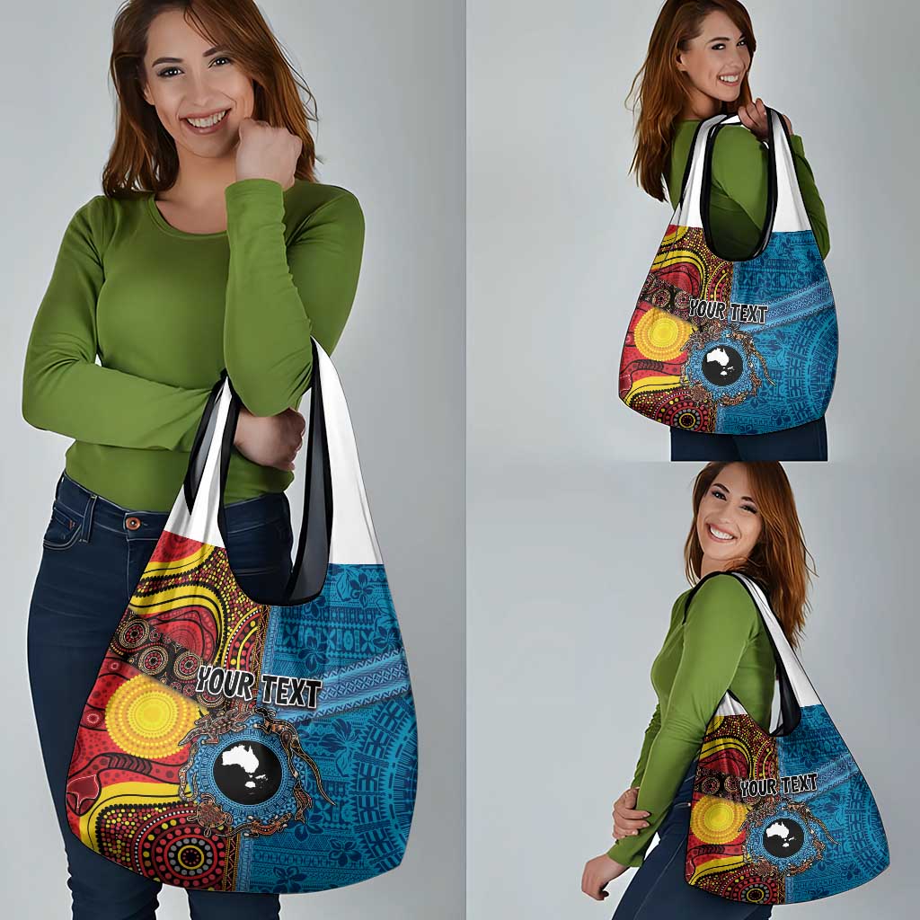 Personalised Australia and Fiji Together Grocery Bag Tribal Palm Tree with Tapa and Aboriginal Animals Half Style LT03 - Polynesian Pride