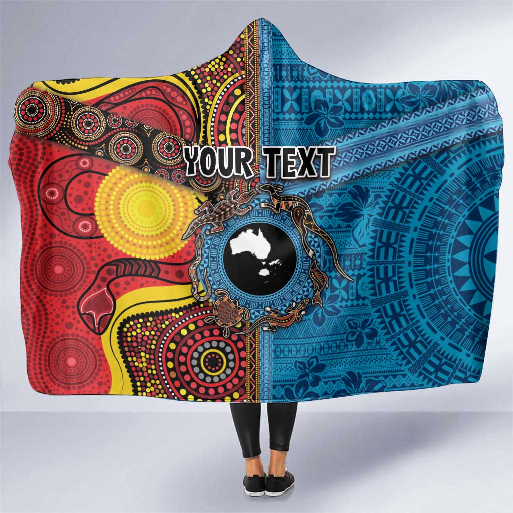 Personalised Australia and Fiji Together Hooded Blanket Tribal Palm Tree with Tapa and Aboriginal Animals Half Style LT03 One Size Blue - Polynesian Pride