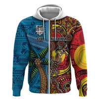 Personalised Australia and Fiji Together Hoodie Tribal Palm Tree with Tapa and Aboriginal Animals Half Style LT03 Zip Hoodie Blue - Polynesian Pride