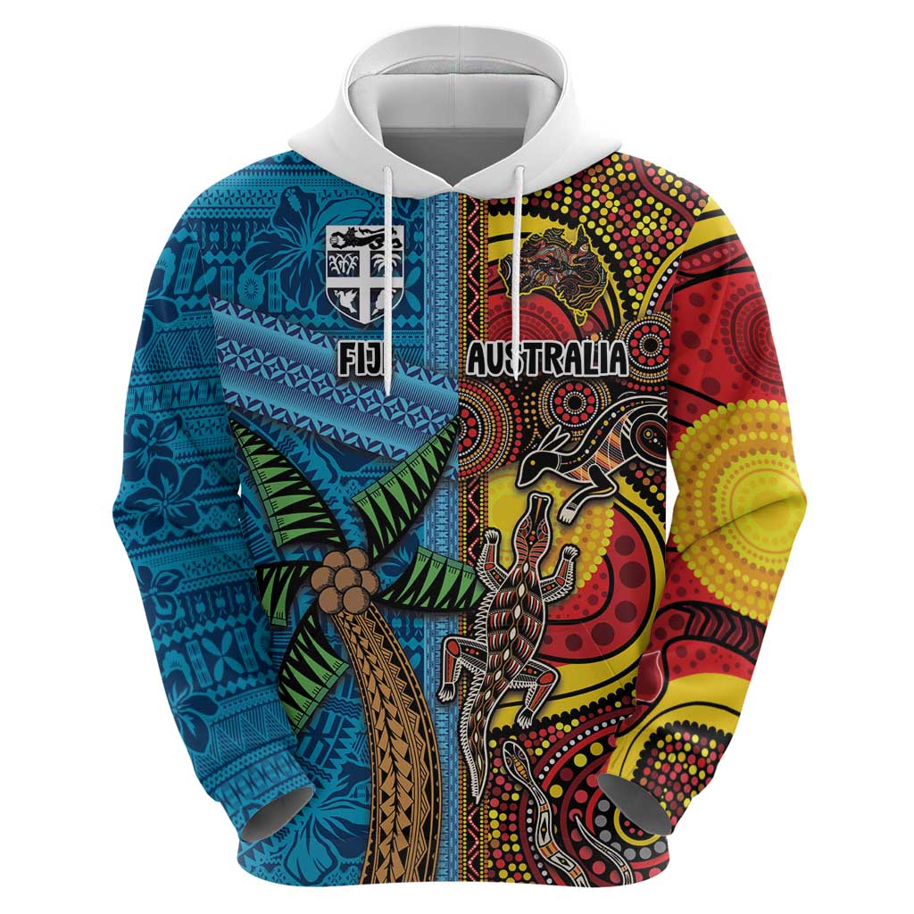 Personalised Australia and Fiji Together Hoodie Tribal Palm Tree with Tapa and Aboriginal Animals Half Style LT03 - Polynesian Pride