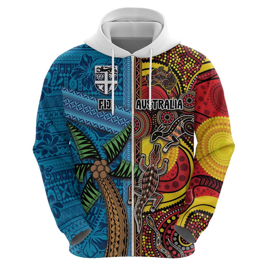 Personalised Australia and Fiji Together Hoodie Tribal Palm Tree with Tapa and Aboriginal Animals Half Style LT03 - Polynesian Pride