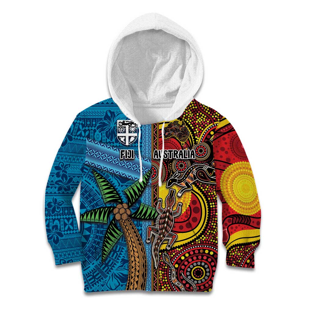 Personalised Australia and Fiji Together Kid Hoodie Tribal Palm Tree with Tapa and Aboriginal Animals Half Style LT03 Hoodie Blue - Polynesian Pride