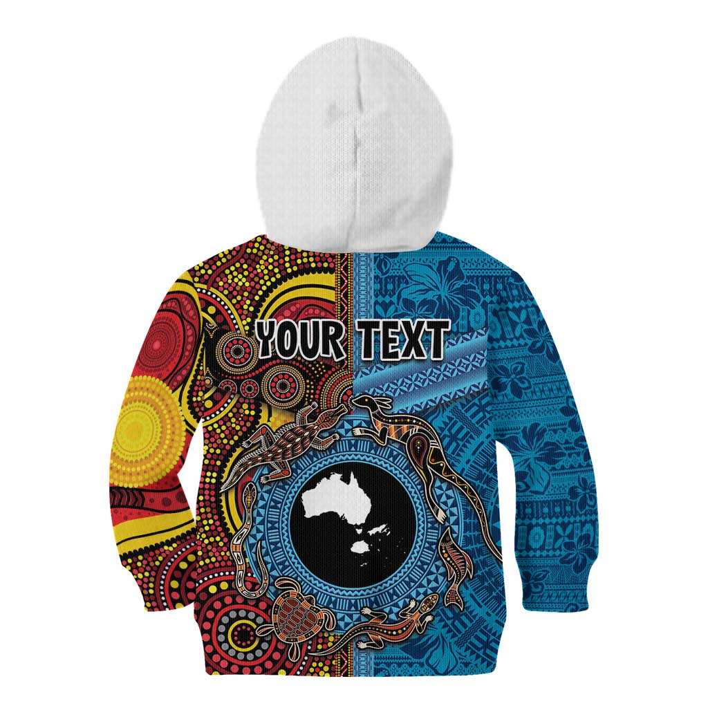 Personalised Australia and Fiji Together Kid Hoodie Tribal Palm Tree with Tapa and Aboriginal Animals Half Style LT03 - Polynesian Pride