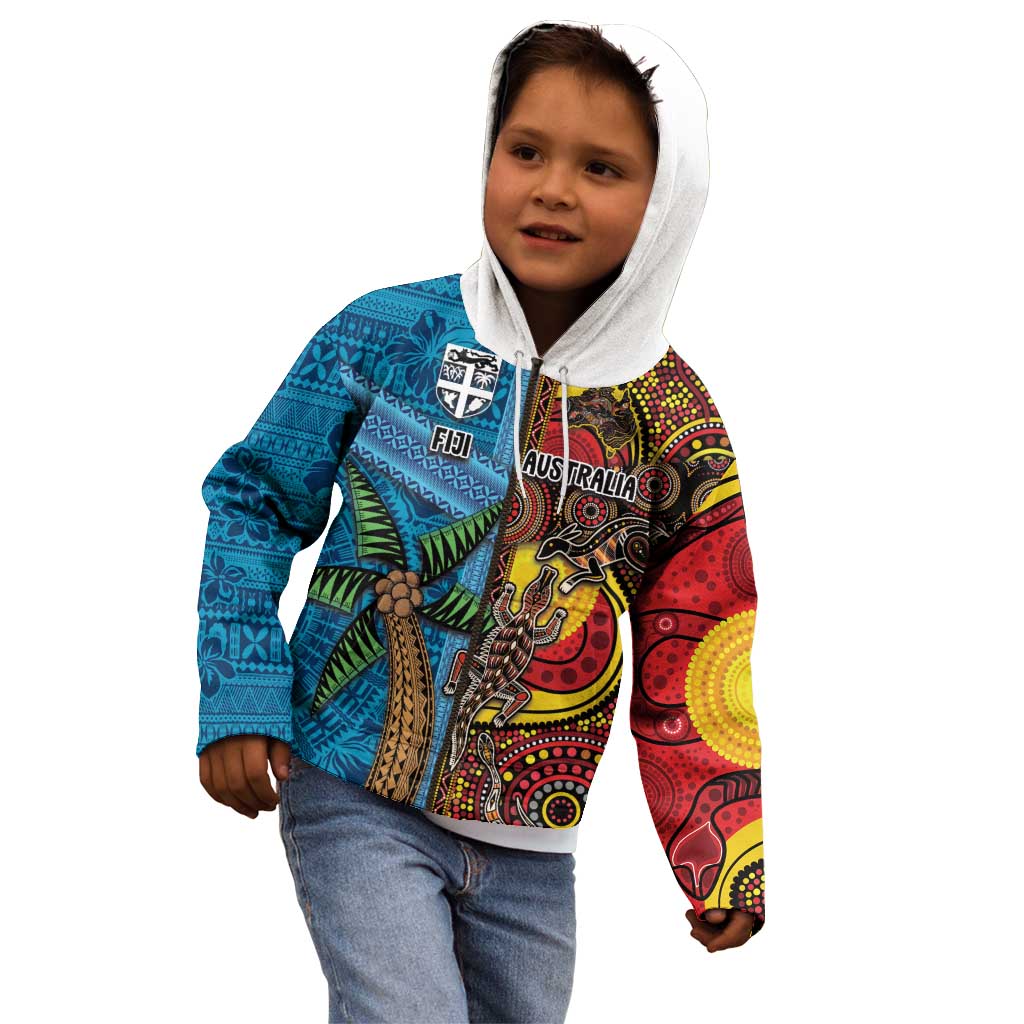 Personalised Australia and Fiji Together Kid Hoodie Tribal Palm Tree with Tapa and Aboriginal Animals Half Style LT03 - Polynesian Pride