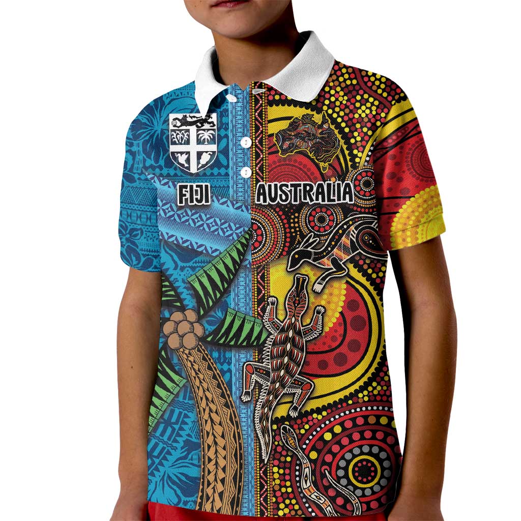 Personalised Australia and Fiji Together Kid Polo Shirt Tribal Palm Tree with Tapa and Aboriginal Animals Half Style LT03 Kid Blue - Polynesian Pride