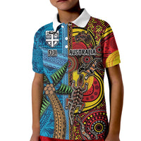 Personalised Australia and Fiji Together Kid Polo Shirt Tribal Palm Tree with Tapa and Aboriginal Animals Half Style LT03 Kid Blue - Polynesian Pride