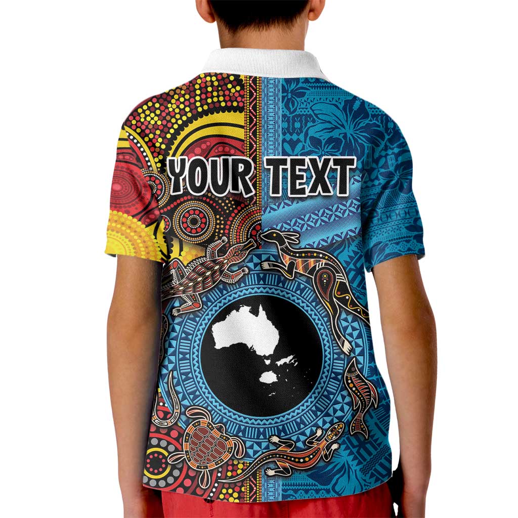 Personalised Australia and Fiji Together Kid Polo Shirt Tribal Palm Tree with Tapa and Aboriginal Animals Half Style LT03 - Polynesian Pride