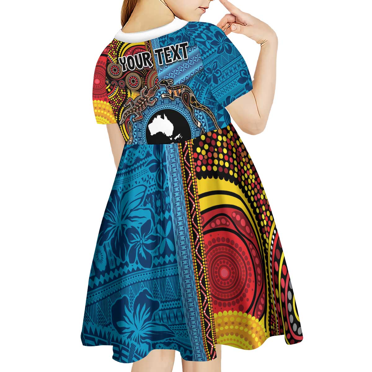 Personalised Australia and Fiji Together Kid Short Sleeve Dress Tribal Palm Tree with Tapa and Aboriginal Animals Half Style LT03 - Polynesian Pride