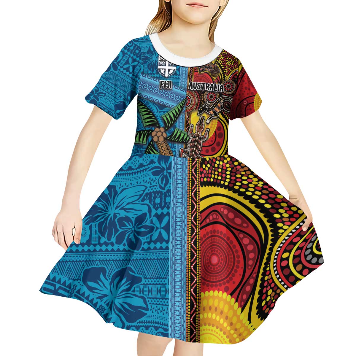 Personalised Australia and Fiji Together Kid Short Sleeve Dress Tribal Palm Tree with Tapa and Aboriginal Animals Half Style LT03 - Polynesian Pride