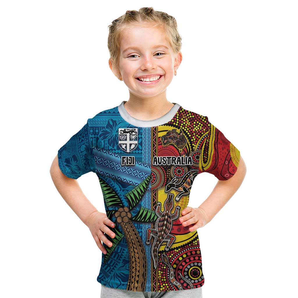 Personalised Australia and Fiji Together Kid T Shirt Tribal Palm Tree with Tapa and Aboriginal Animals Half Style LT03 Blue - Polynesian Pride