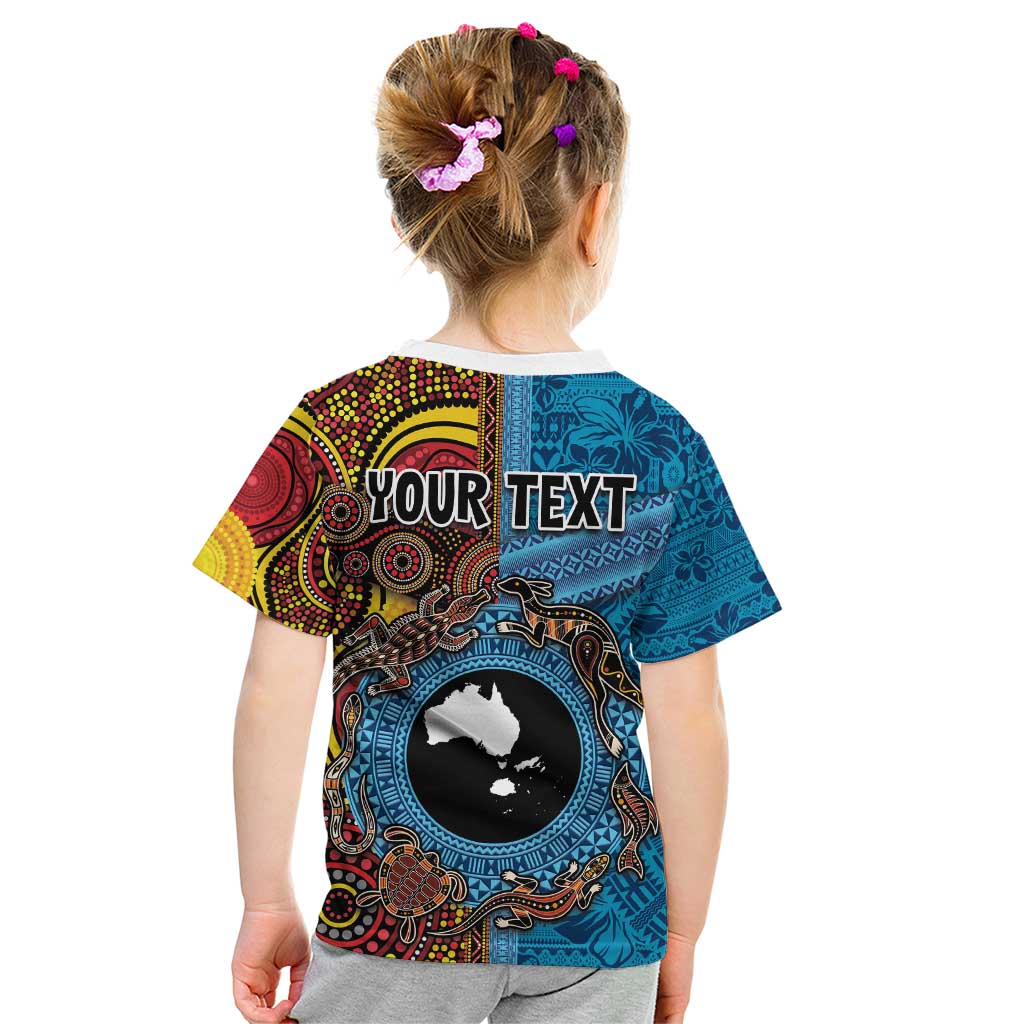 Personalised Australia and Fiji Together Kid T Shirt Tribal Palm Tree with Tapa and Aboriginal Animals Half Style LT03 - Polynesian Pride