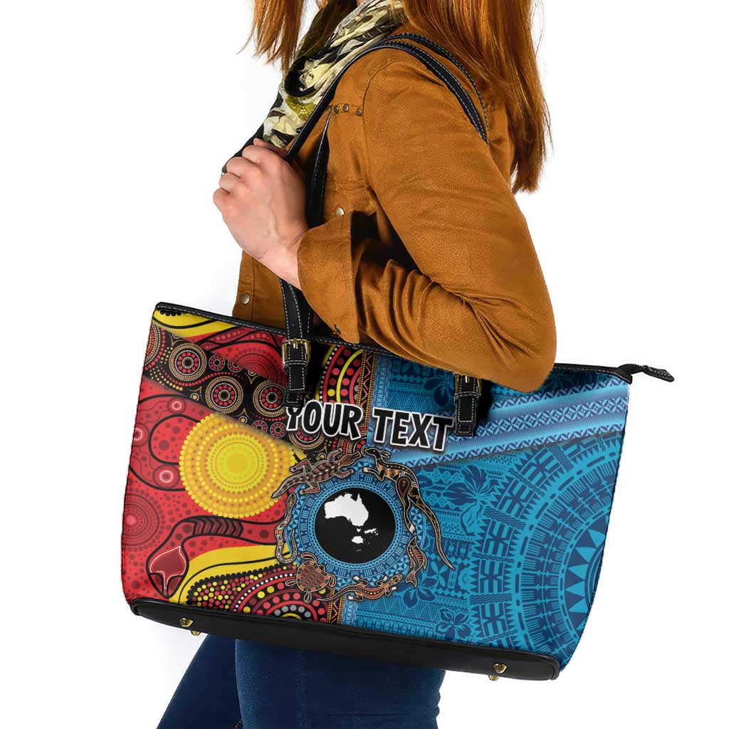 Personalised Australia and Fiji Together Leather Tote Bag Tribal Palm Tree with Tapa and Aboriginal Animals Half Style LT03 Blue - Polynesian Pride