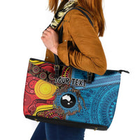 Personalised Australia and Fiji Together Leather Tote Bag Tribal Palm Tree with Tapa and Aboriginal Animals Half Style LT03 Blue - Polynesian Pride