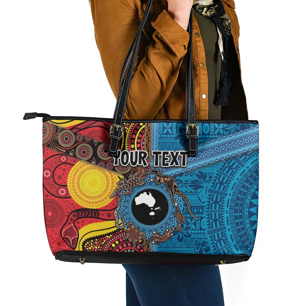 Personalised Australia and Fiji Together Leather Tote Bag Tribal Palm Tree with Tapa and Aboriginal Animals Half Style LT03 - Polynesian Pride