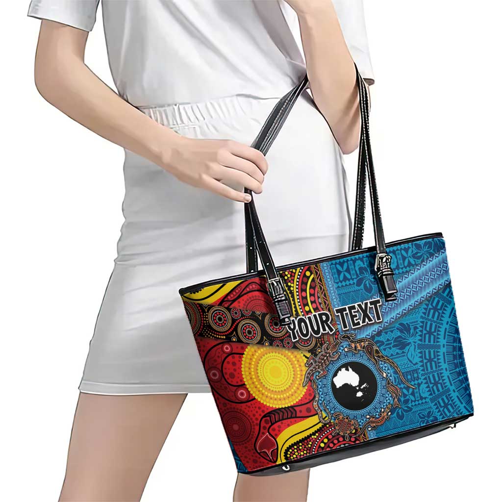 Personalised Australia and Fiji Together Leather Tote Bag Tribal Palm Tree with Tapa and Aboriginal Animals Half Style LT03 - Polynesian Pride