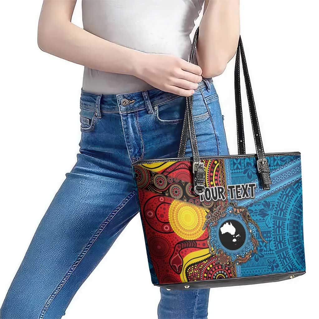 Personalised Australia and Fiji Together Leather Tote Bag Tribal Palm Tree with Tapa and Aboriginal Animals Half Style LT03 - Polynesian Pride