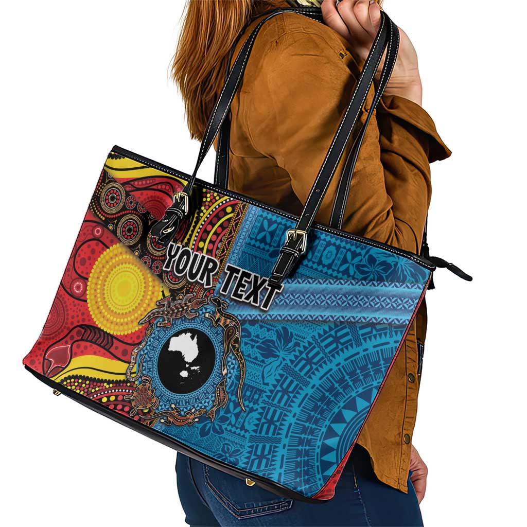 Personalised Australia and Fiji Together Leather Tote Bag Tribal Palm Tree with Tapa and Aboriginal Animals Half Style LT03 - Polynesian Pride