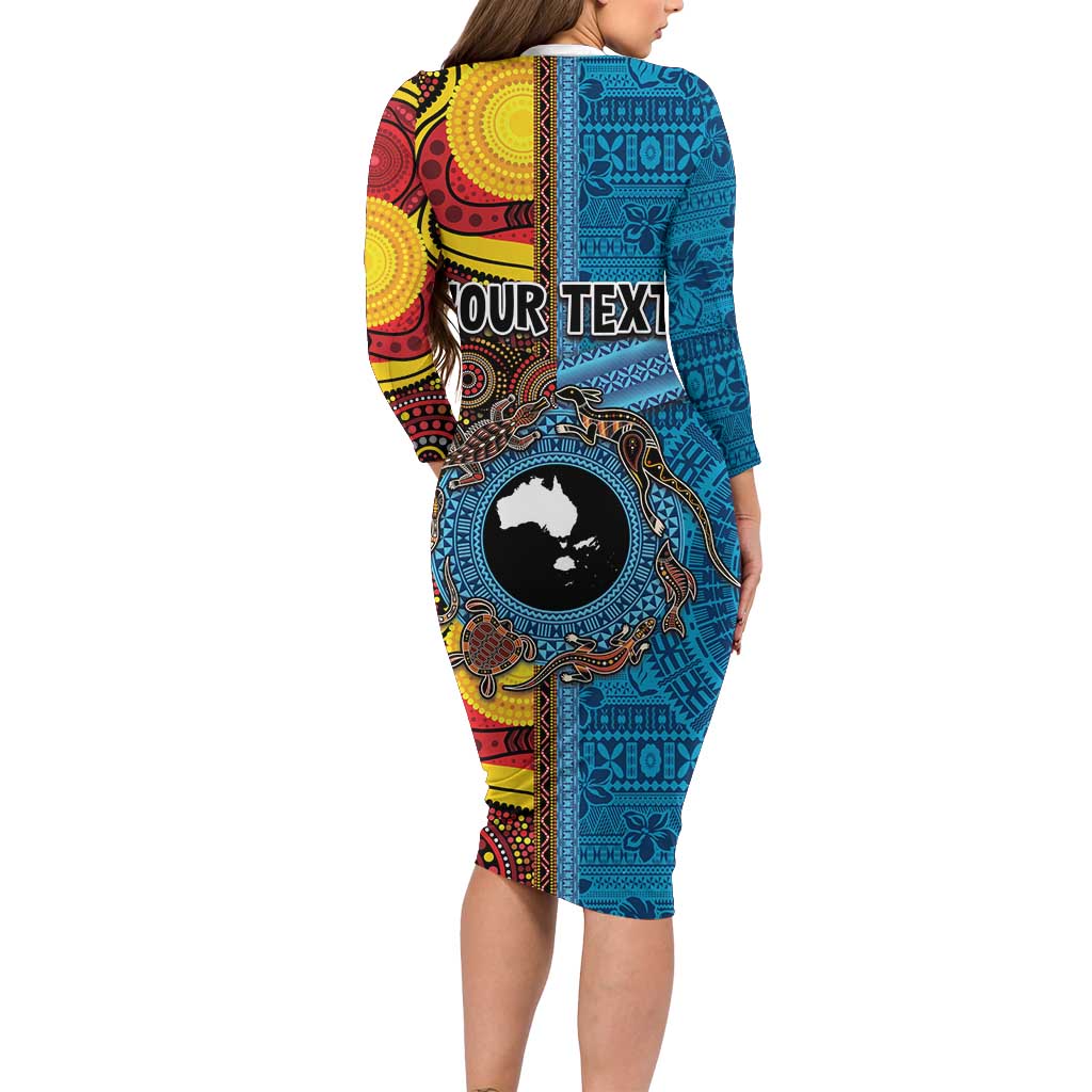 Personalised Australia and Fiji Together Long Sleeve Bodycon Dress Tribal Palm Tree with Tapa and Aboriginal Animals Half Style LT03 - Polynesian Pride