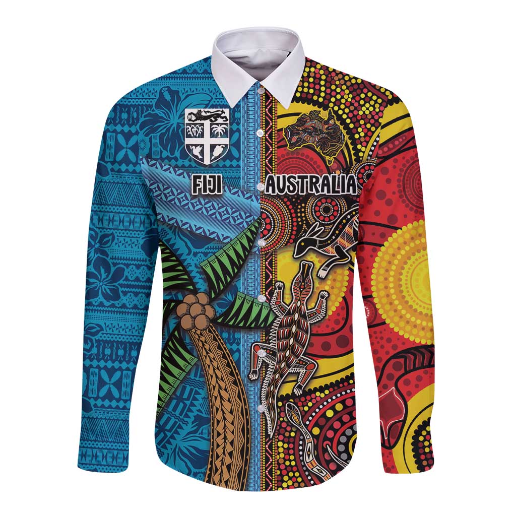 Personalised Australia and Fiji Together Long Sleeve Button Shirt Tribal Palm Tree with Tapa and Aboriginal Animals Half Style LT03 Unisex Blue - Polynesian Pride
