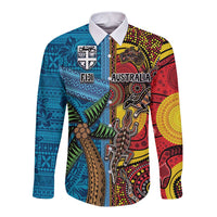 Personalised Australia and Fiji Together Long Sleeve Button Shirt Tribal Palm Tree with Tapa and Aboriginal Animals Half Style LT03 Unisex Blue - Polynesian Pride