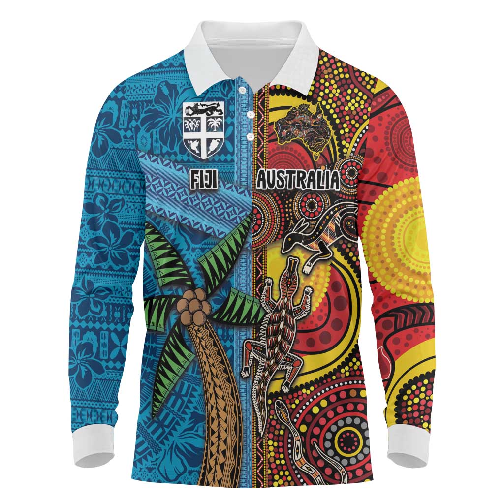 Personalised Australia and Fiji Together Long Sleeve Polo Shirt Tribal Palm Tree with Tapa and Aboriginal Animals Half Style LT03 Blue - Polynesian Pride