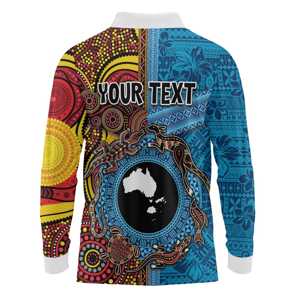 Personalised Australia and Fiji Together Long Sleeve Polo Shirt Tribal Palm Tree with Tapa and Aboriginal Animals Half Style LT03 - Polynesian Pride
