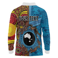 Personalised Australia and Fiji Together Long Sleeve Polo Shirt Tribal Palm Tree with Tapa and Aboriginal Animals Half Style LT03 - Polynesian Pride