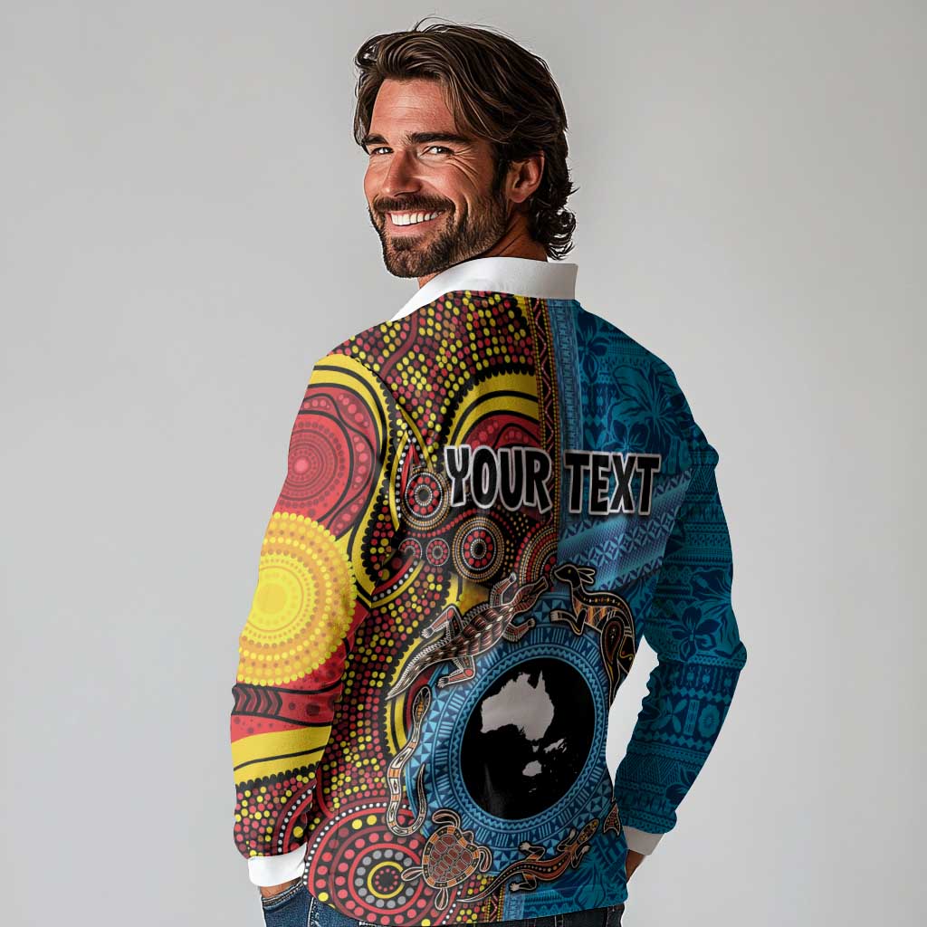 Personalised Australia and Fiji Together Long Sleeve Polo Shirt Tribal Palm Tree with Tapa and Aboriginal Animals Half Style LT03 - Polynesian Pride