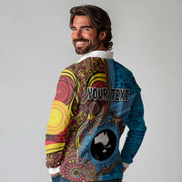 Personalised Australia and Fiji Together Long Sleeve Polo Shirt Tribal Palm Tree with Tapa and Aboriginal Animals Half Style LT03 - Polynesian Pride