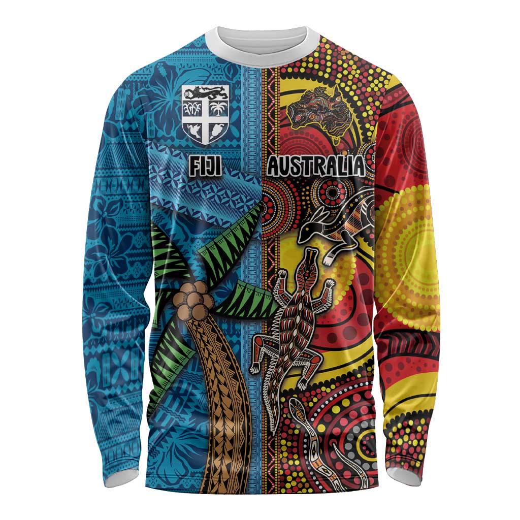Personalised Australia and Fiji Together Long Sleeve Shirt Tribal Palm Tree with Tapa and Aboriginal Animals Half Style LT03 Unisex Blue - Polynesian Pride