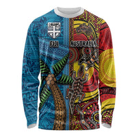 Personalised Australia and Fiji Together Long Sleeve Shirt Tribal Palm Tree with Tapa and Aboriginal Animals Half Style LT03 Unisex Blue - Polynesian Pride