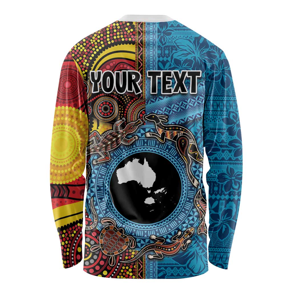 Personalised Australia and Fiji Together Long Sleeve Shirt Tribal Palm Tree with Tapa and Aboriginal Animals Half Style LT03 - Polynesian Pride
