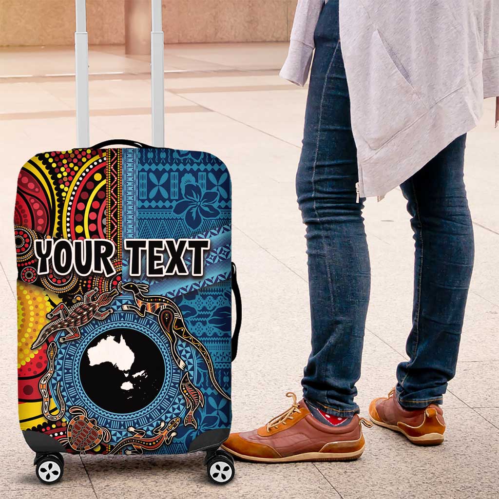 Personalised Australia and Fiji Together Luggage Cover Tribal Palm Tree with Tapa and Aboriginal Animals Half Style LT03 Blue - Polynesian Pride