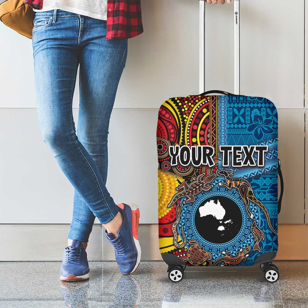 Personalised Australia and Fiji Together Luggage Cover Tribal Palm Tree with Tapa and Aboriginal Animals Half Style LT03 - Polynesian Pride