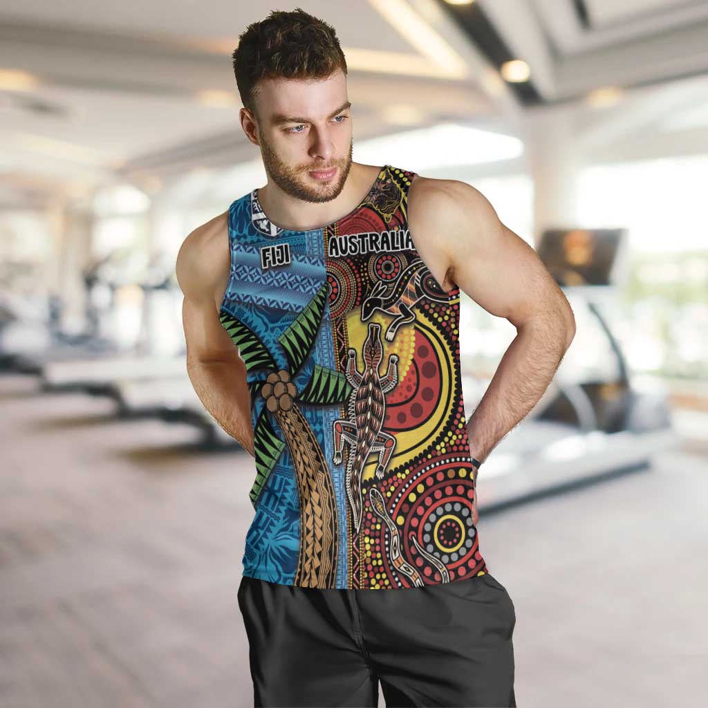 Personalised Australia and Fiji Together Men Tank Top Tribal Palm Tree with Tapa and Aboriginal Animals Half Style LT03 Blue - Polynesian Pride