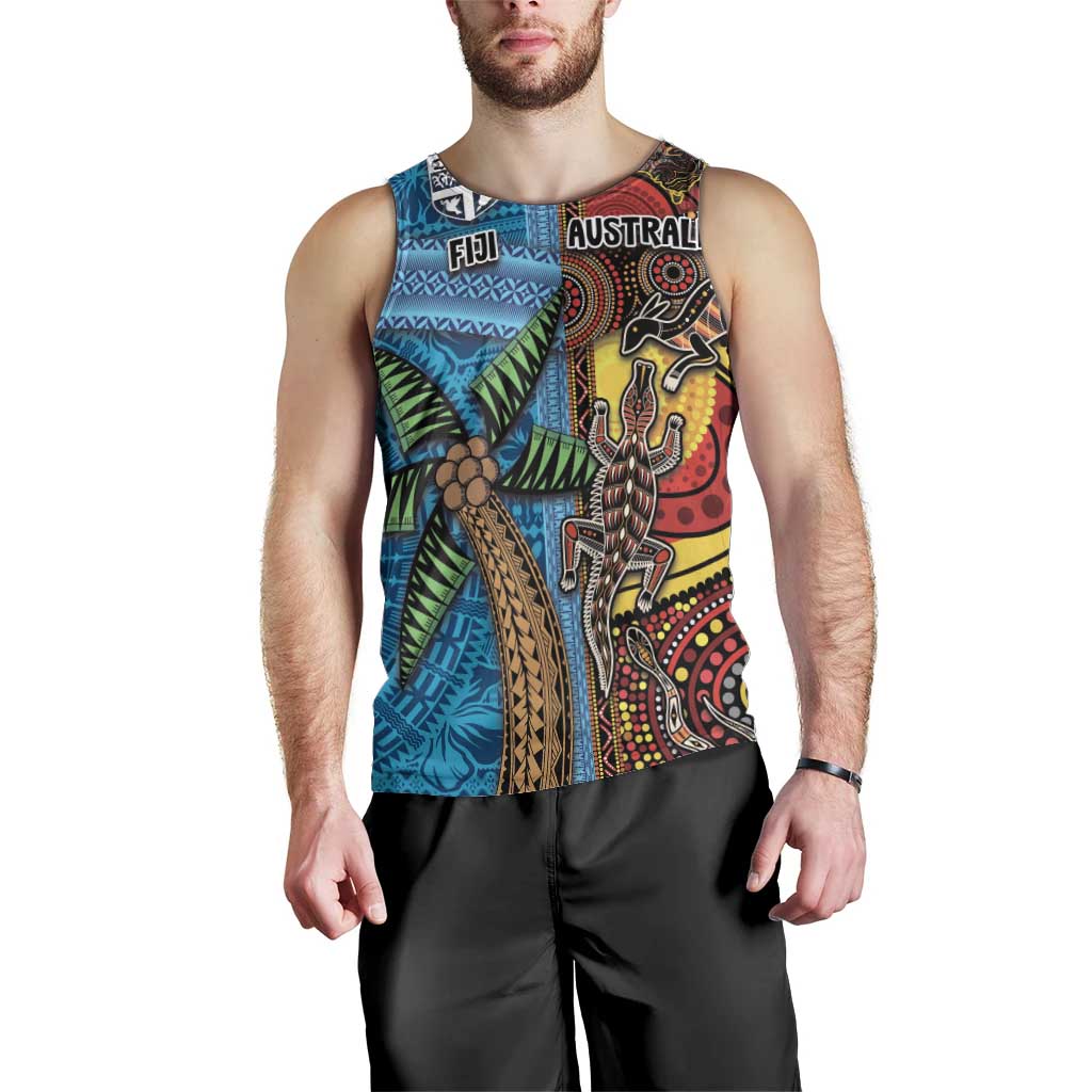 Personalised Australia and Fiji Together Men Tank Top Tribal Palm Tree with Tapa and Aboriginal Animals Half Style LT03 - Polynesian Pride