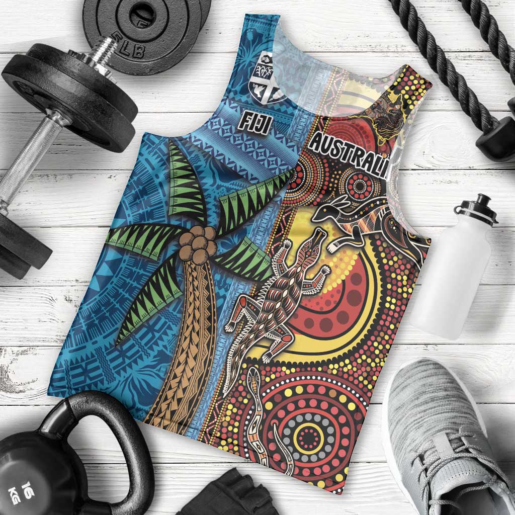 Personalised Australia and Fiji Together Men Tank Top Tribal Palm Tree with Tapa and Aboriginal Animals Half Style LT03 - Polynesian Pride