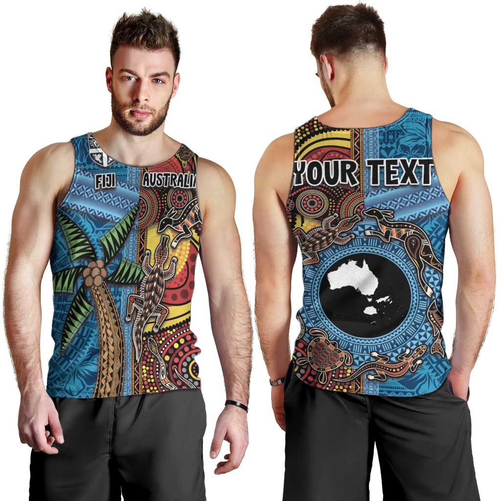 Personalised Australia and Fiji Together Men Tank Top Tribal Palm Tree with Tapa and Aboriginal Animals Half Style LT03 - Polynesian Pride