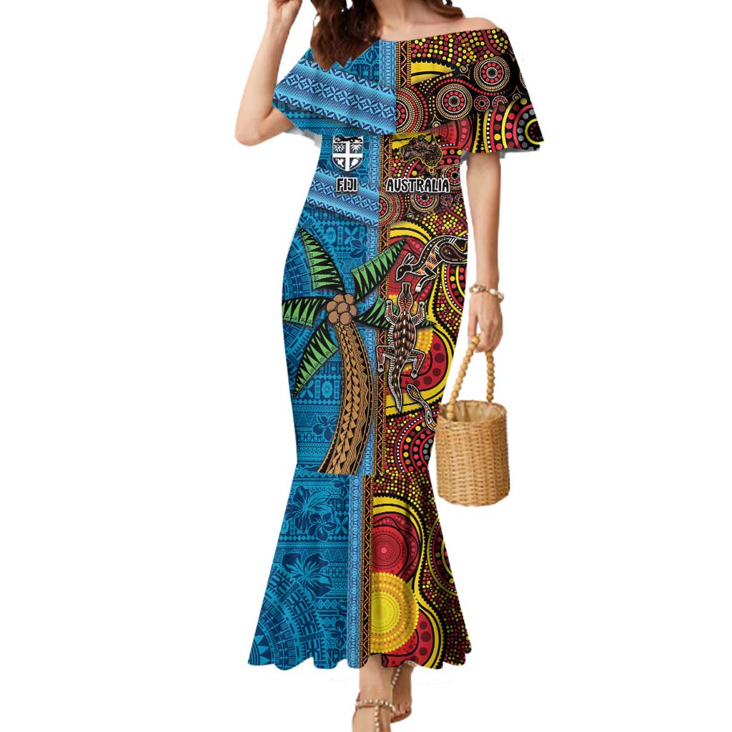 Personalised Australia and Fiji Together Mermaid Dress Tribal Palm Tree with Tapa and Aboriginal Animals Half Style LT03 Women Blue - Polynesian Pride