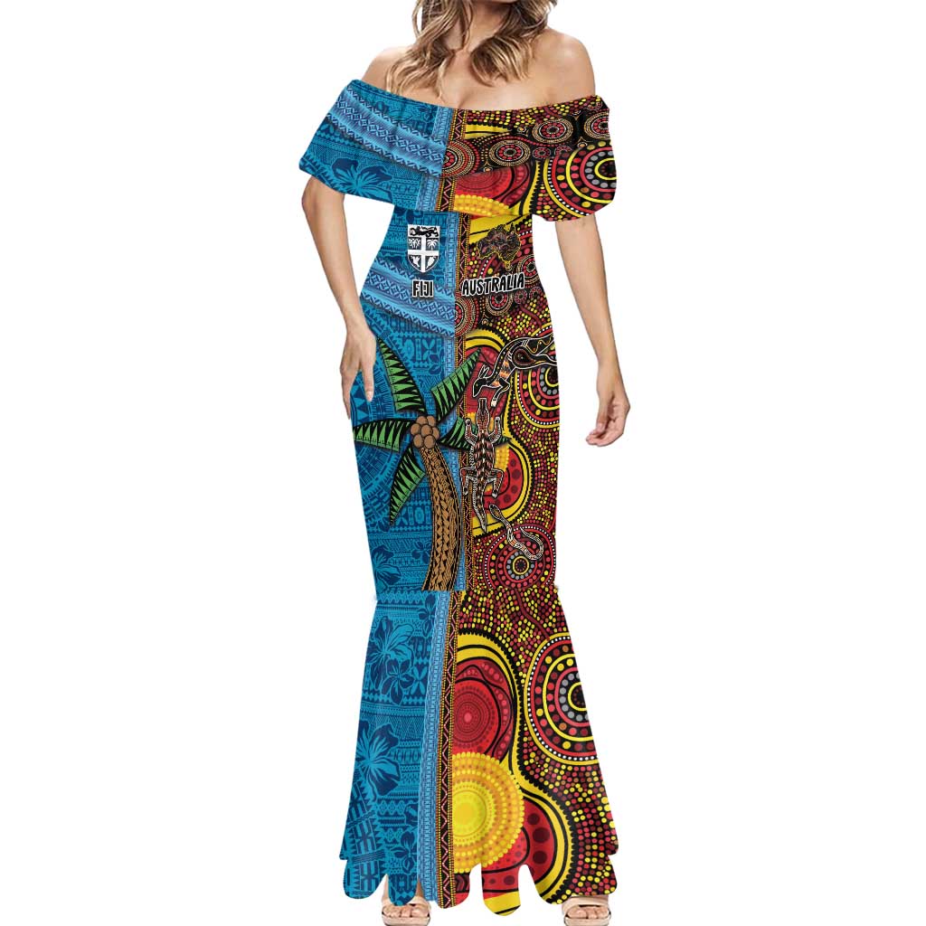 Personalised Australia and Fiji Together Mermaid Dress Tribal Palm Tree with Tapa and Aboriginal Animals Half Style LT03 - Polynesian Pride