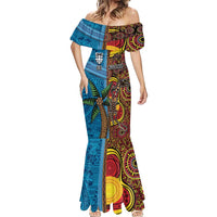 Personalised Australia and Fiji Together Mermaid Dress Tribal Palm Tree with Tapa and Aboriginal Animals Half Style LT03 - Polynesian Pride